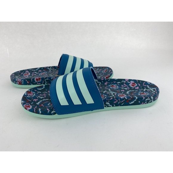 Adidas Adilette Comfort Blue Floral Women's Slides Teal Uncommon Colorway - Picture 9 of 10